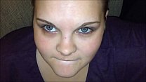 Sexy blue eye babe wearing makeup sucks and swallow a huge load of cum